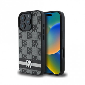 DKNY PU Leather Checkered Pattern and Stripe Case for iPhone 16 Pro Black