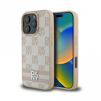 DKNY PU Leather Checkered Pattern and Stripe Case for iPhone 16 Pro Pink
