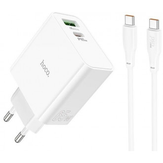 Hoco Φορτιστής με Θύρα USB-A και Θύρα USB-C και Καλώδιο USB-C 65W Power Delivery Λευκός (Awesome C113A)