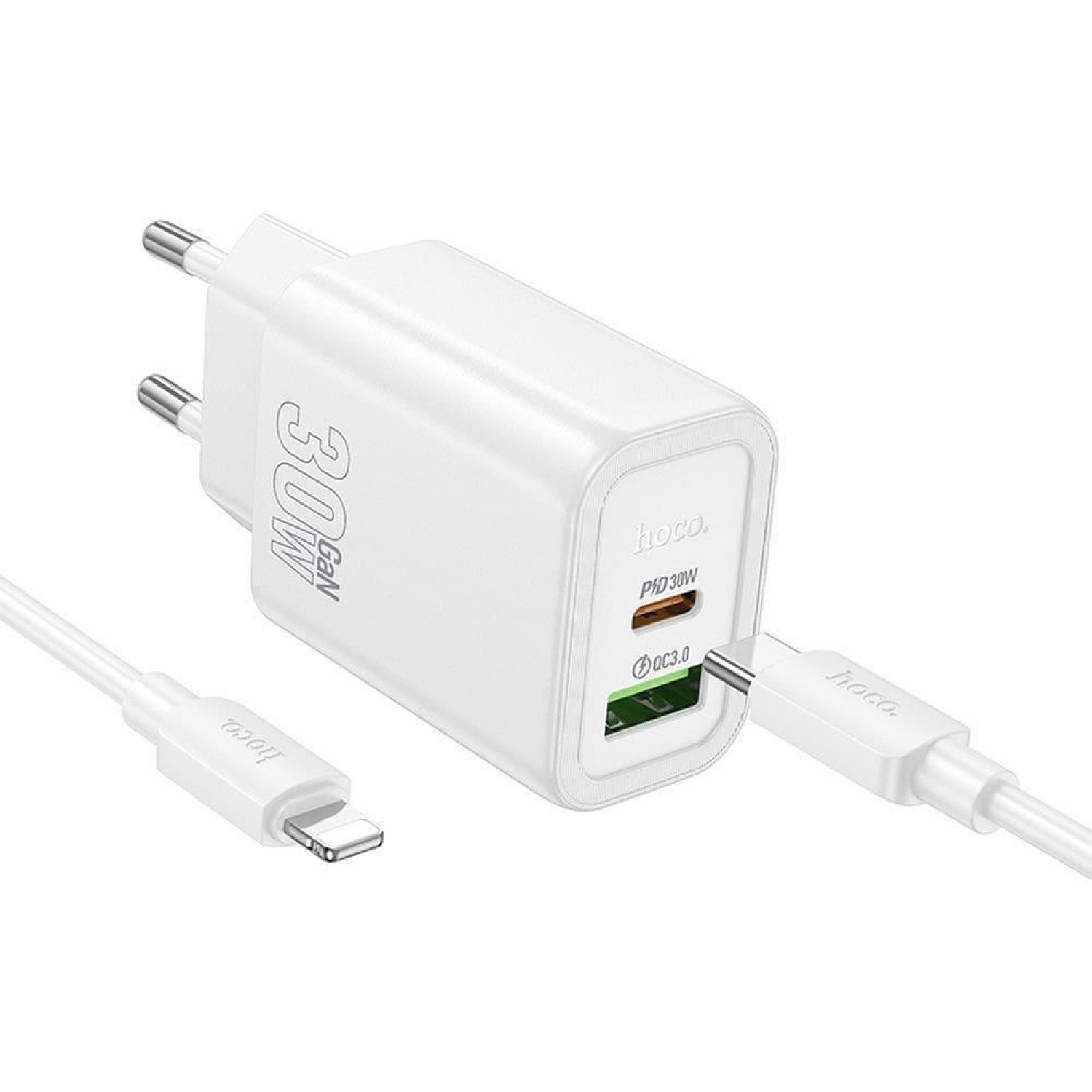 Hoco Φορτιστής με Θύρα USB-A και Θύρα USB-C και Καλώδιο USB-C - Lightning 30W Λευκός