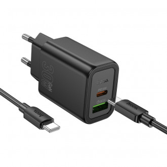 Hoco Φορτιστής με Θύρα USB-A και Θύρα USB-C και Καλώδιο USB-C- USB-C 30W Μαύρος