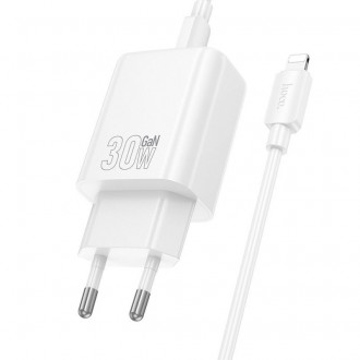 Hoco Φορτιστής με Θύρα USB-A και Θύρα USB-C και Καλώδιο USB-C - Lightning 30W Power Delivery / Quick Charge 3.0 Λευκός