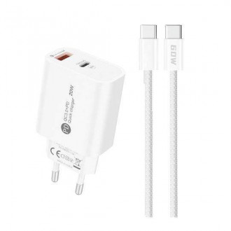 Φορτιστής με Θύρα USB-A και Θύρα USB-C και Καλώδιο USB-C - USB-C 20W Power Delivery / Quick Charge 3.0 Λευκός