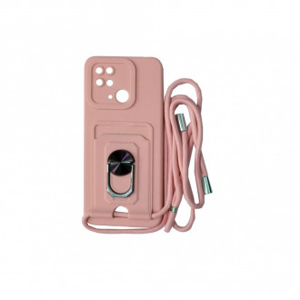 Oem Ring Holder Cord Με Λουράκι Μαύρο Και Υποδοχή Κάρτας Θήκη για Xiaomi Redmi 10C Σομόν