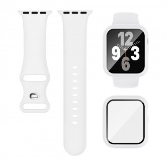 Set Λουράκι Σιλικόνης και Θήκη 360 Πλαστική με Τζαμάκι για Apple Watch 45mm Λευκό