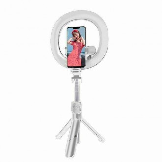 SSTR-18 Selfie Stick With LED Ring Light 15cm με Επιτραπέζιο Τρίποδο και Βάση για Κινητό Λευκό