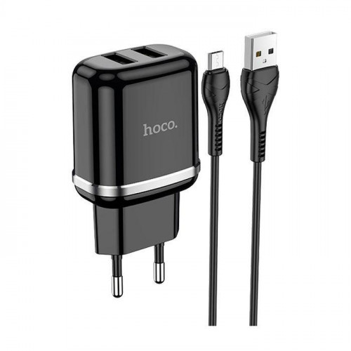 Hoco N4 Aspiring Γρήγορος Φορτιστής με 2 Θύρες USB-A και Καλώδιο Micro-USB Μαύρο