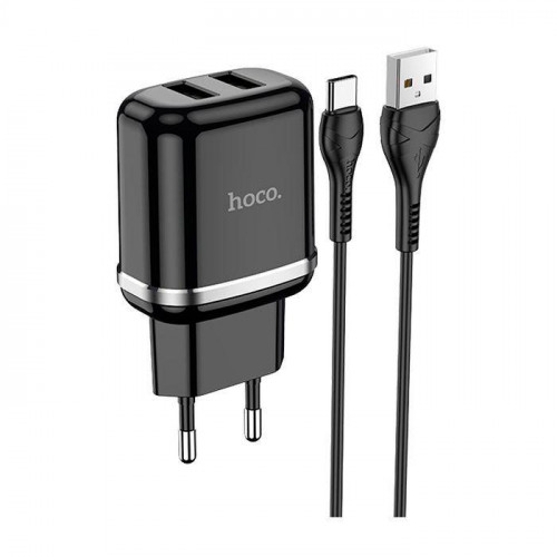 Hoco N4 Aspiring Γρήγορος Φορτιστής με 2 Θύρες USB-A και Καλώδιο Type-C Μαύρο