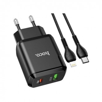 Hoco N5 Favor Γρήγορος Φορτιστής με Θύρα USB-A και Θύρα USB-C και Καλώδιο Lightning 20W Quick Charge 3.0 / Power Delivery Μαύρο