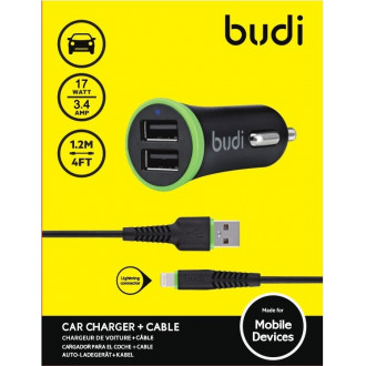 Budi - Car Charger Φορτιστής Αυτοκινήτου 17W με Θύρες 2x USB + Καλώδιο Lightning Μαύρο